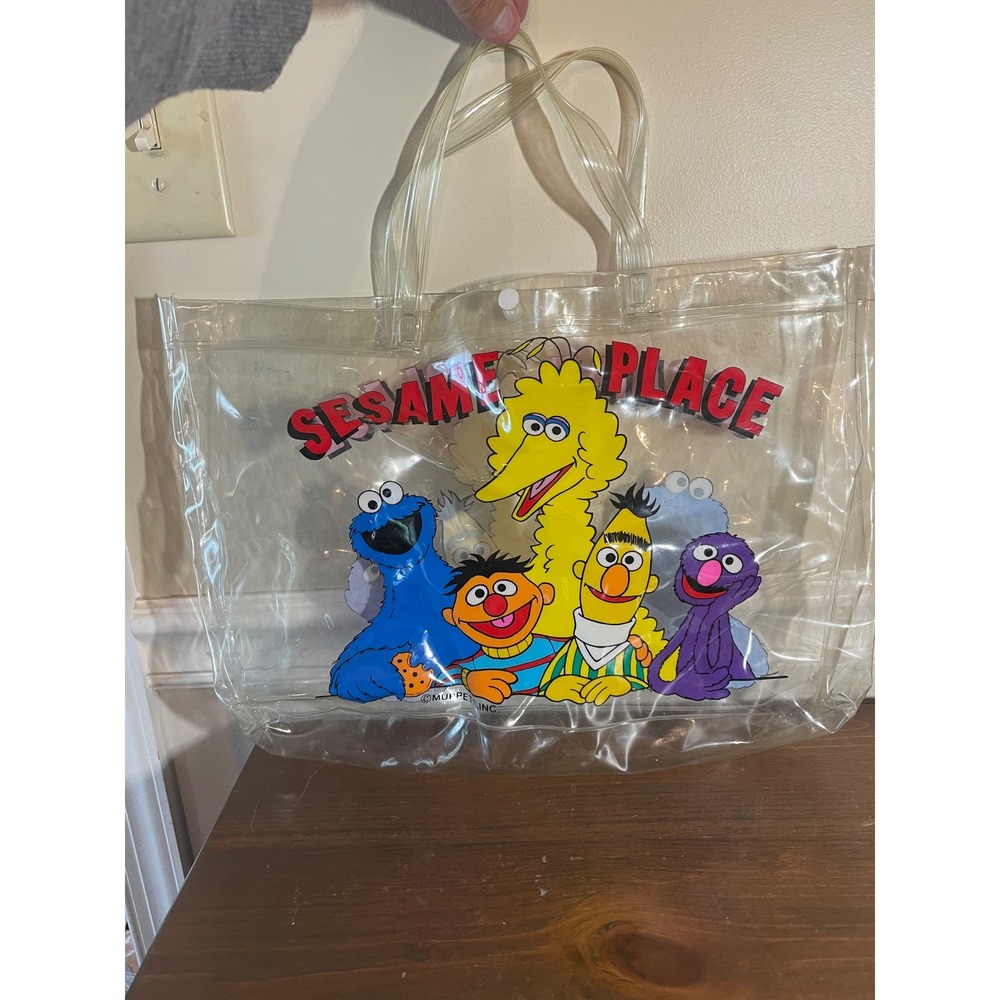 Vintage Sesame Place Clear Vinyl Tote Bag Muppets Big Bird Cookie Monster Retro